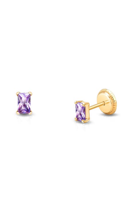 14K Gold Radiant Cut Studs, 4mm Royal Purple CZ Screw Back Earrings