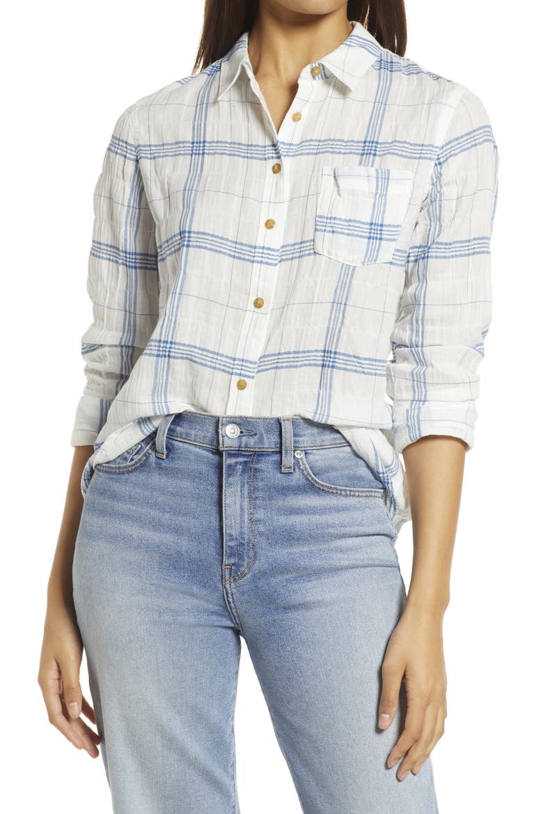 Herringbone Weave Plaid Button-Up Shirt, Main, color, IVORY- BLUE AVA PLAID