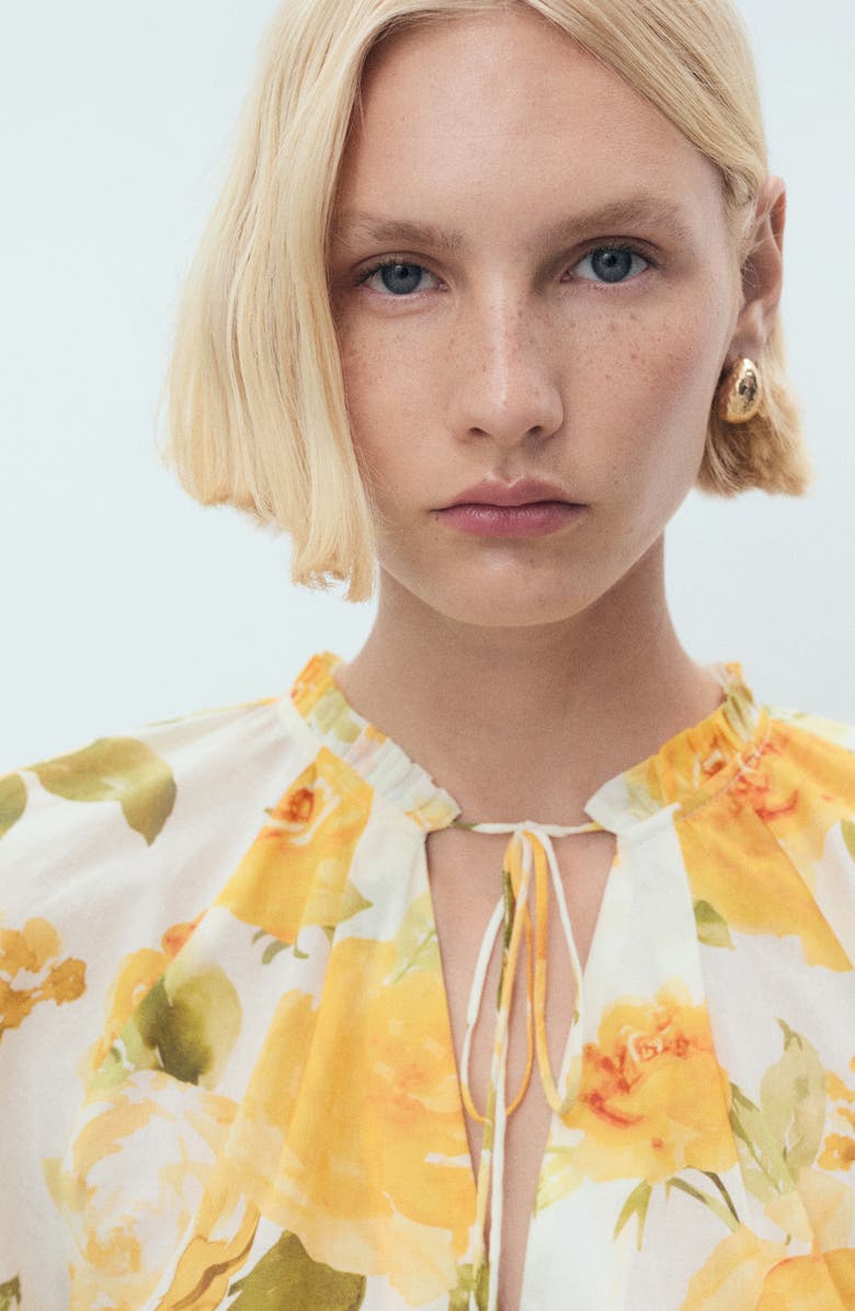 MANGO Floral Tie Neck Button-Up Top, Alternate, color, 