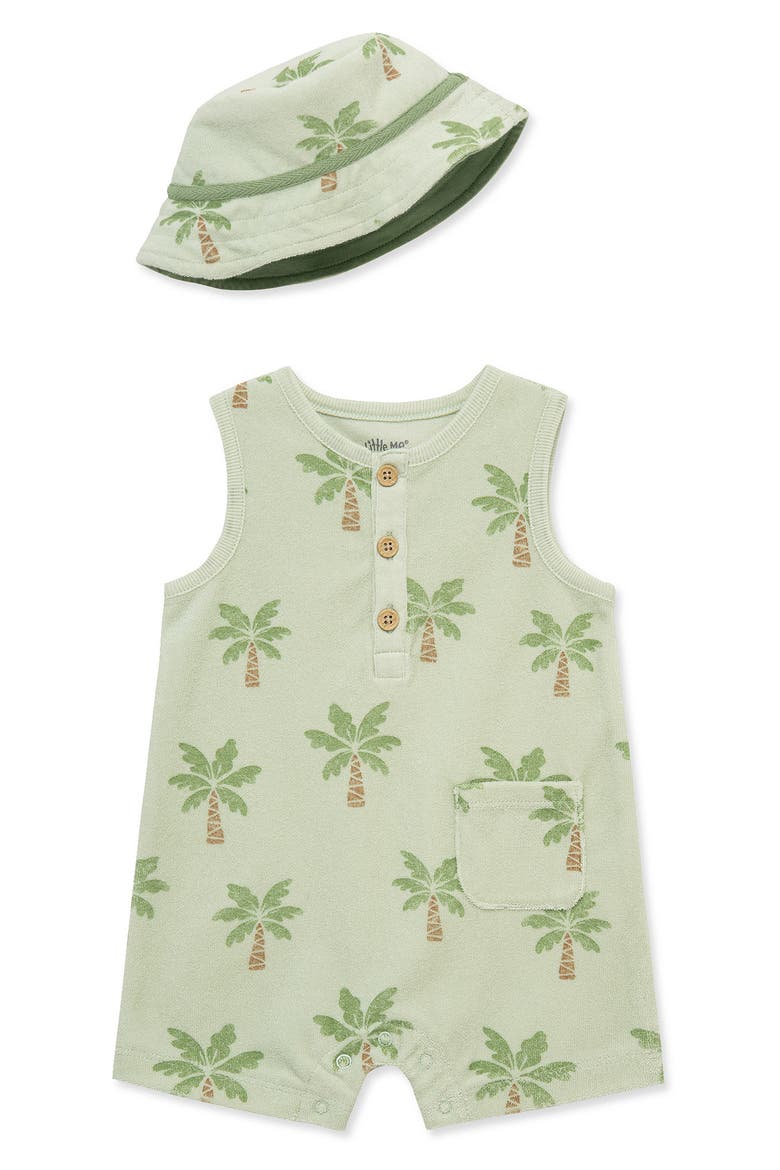 Palm Tree Terry Romper & Hat Set, Main, color, GREEN