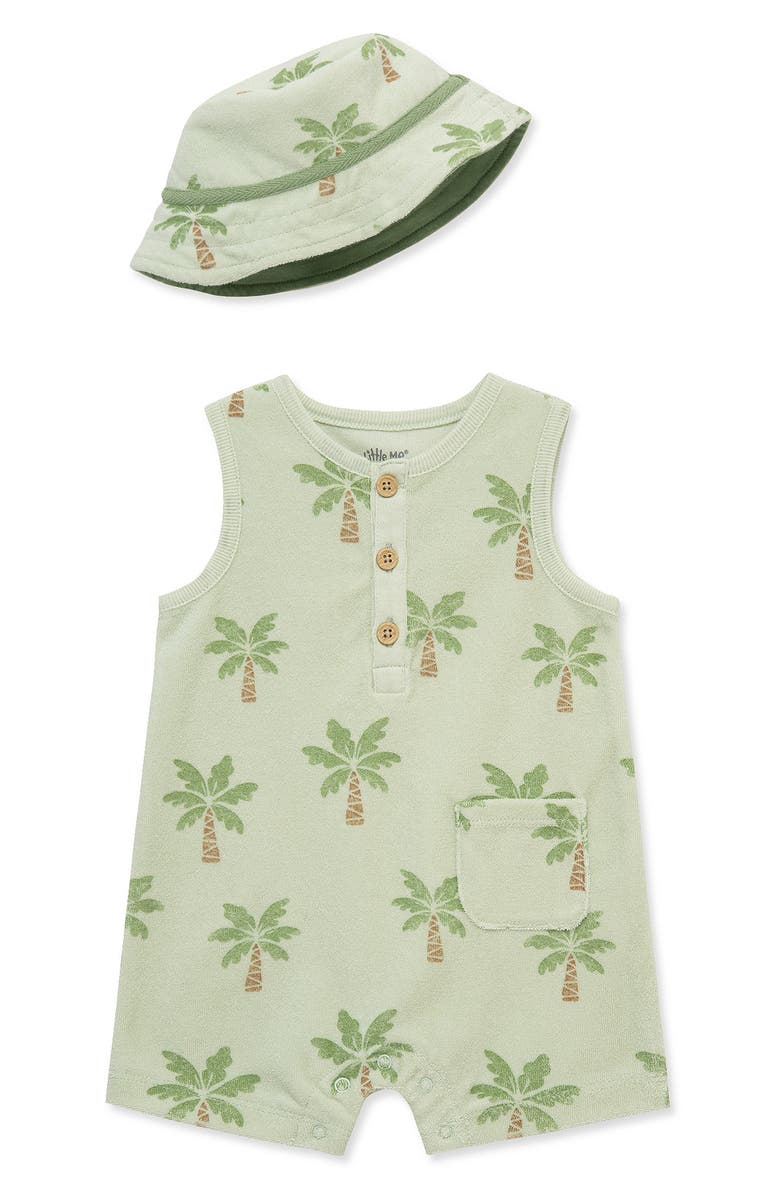 Little Me Palm Tree Terry Romper & Hat Set, Main, color, Green
