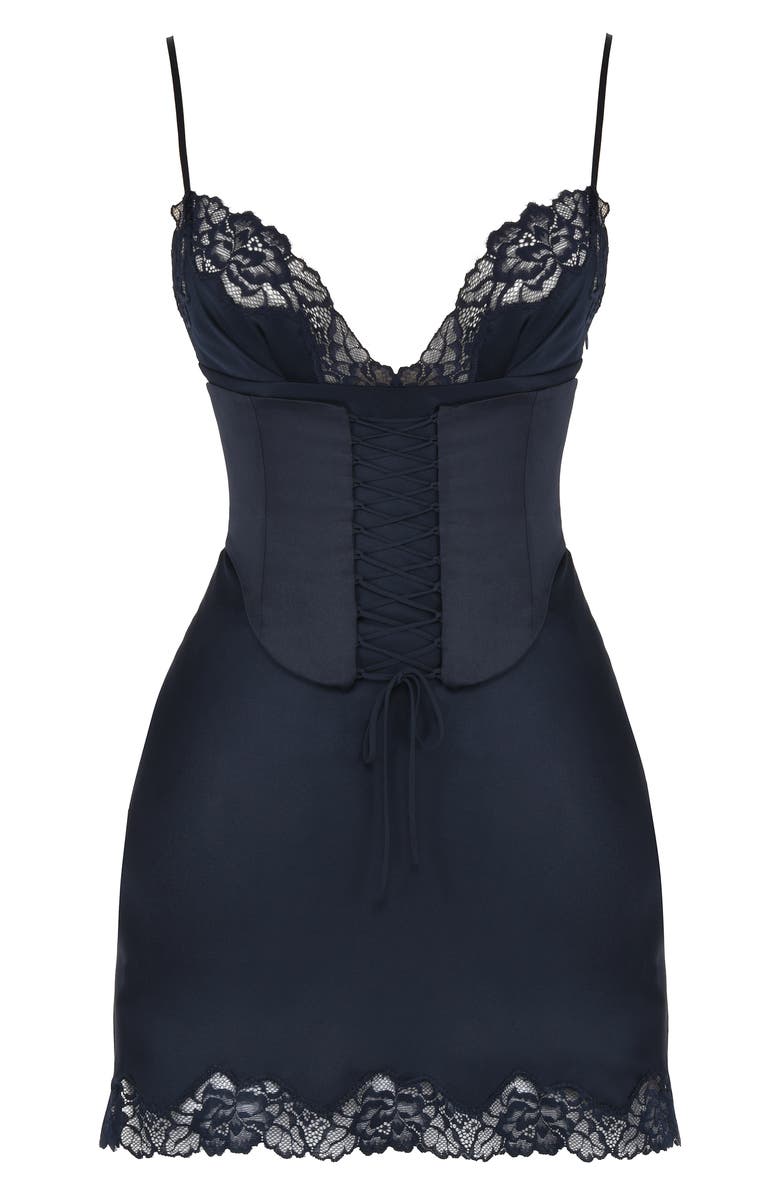 HOUSE OF CB Soraya Lace Trim Satin Minidress with Detachable Corset, Alternate, color, Navy