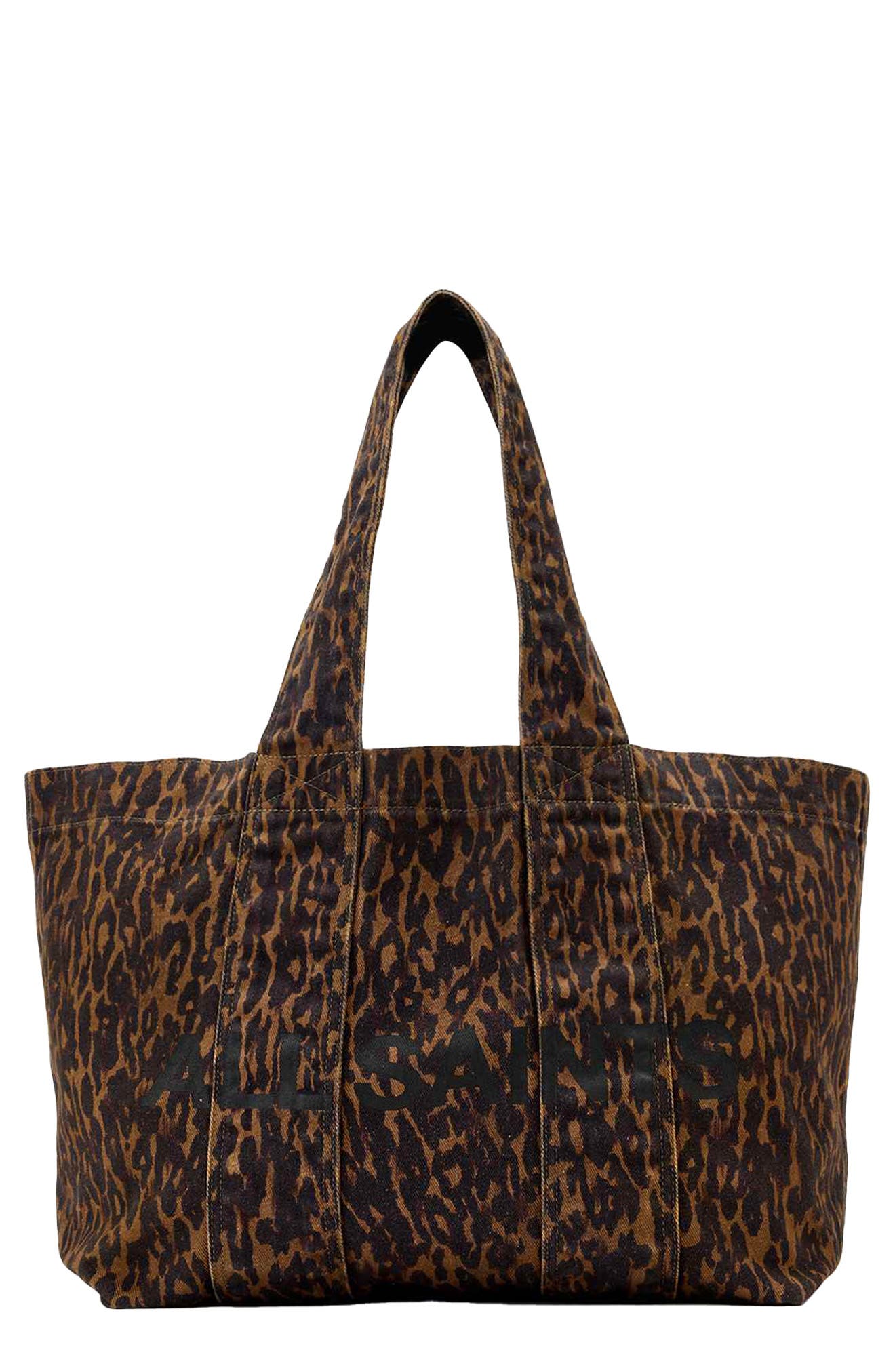 AllSaints Izzy Leopard Print Denim Tote, Main, color, Leopard Brown