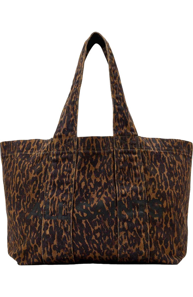 AllSaints Izzy Leopard Print Denim Tote, Main, color, Leopard Brown