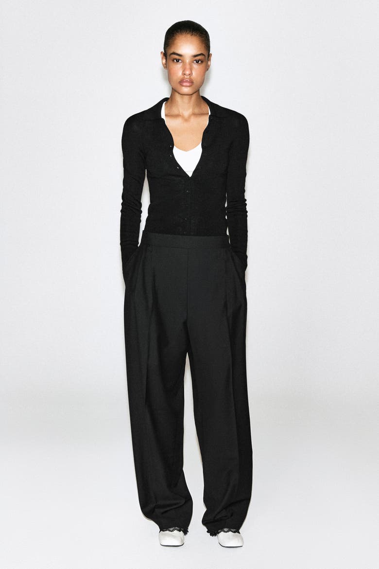Lace-detail Wool Tapered Pants, Main, color, BLACK