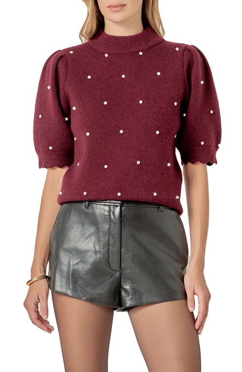 English Factory Embellished Short Sleeve Sweater In Burgundy