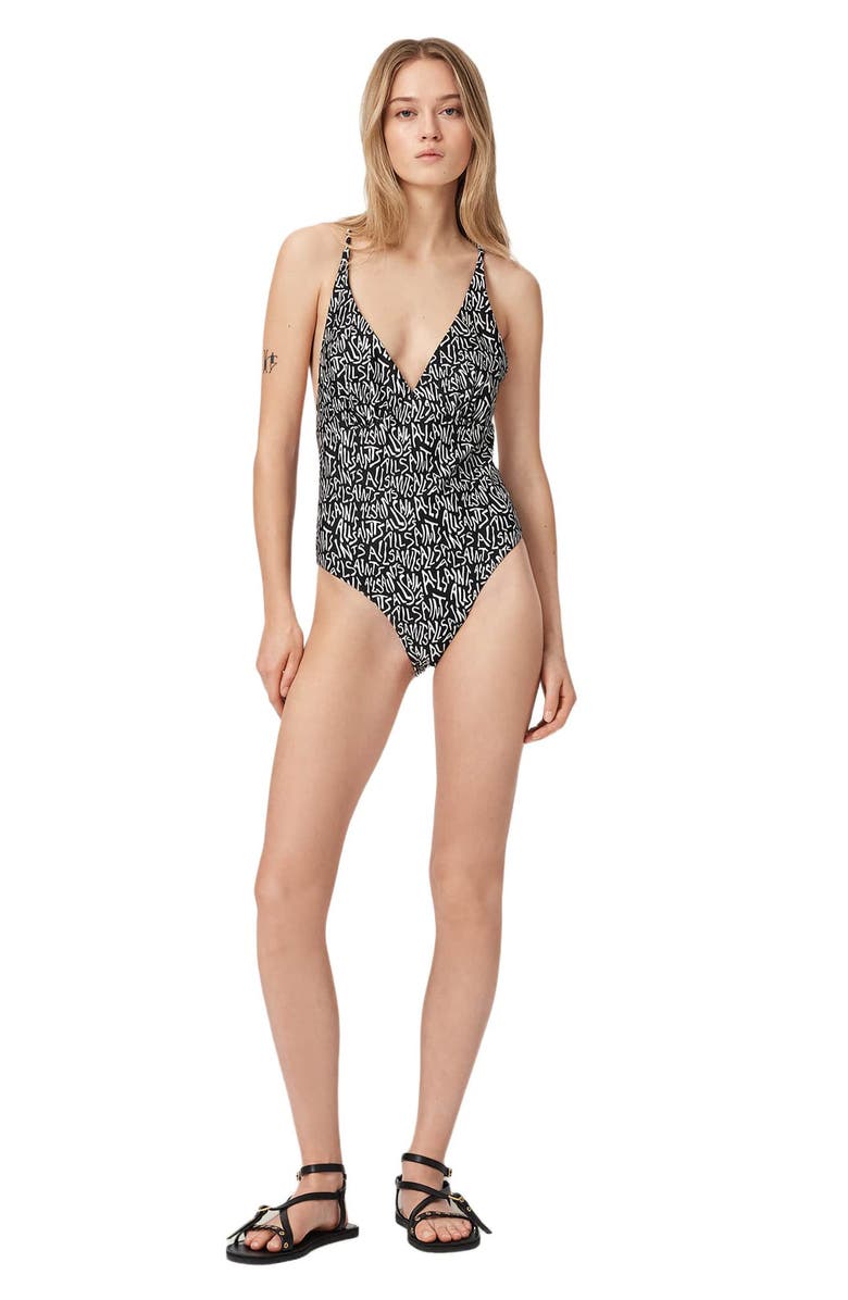 AllSaints Saph V-Neck One-Piece Swimsuit, Alternate, color, Santas Black/ White