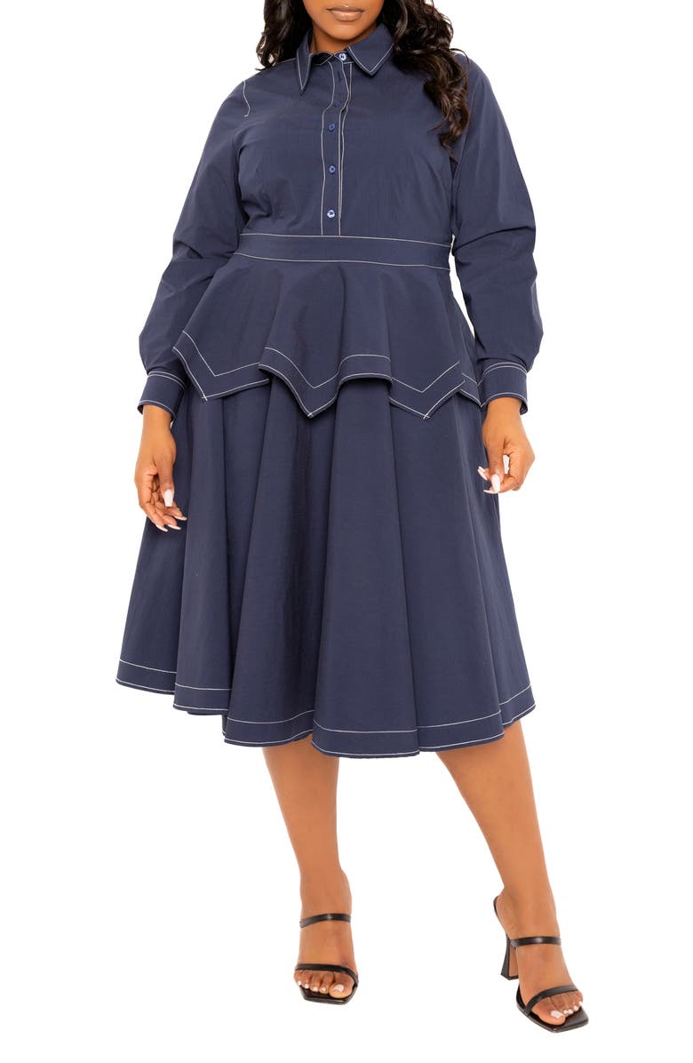 BUXOM COUTURE Topstitched Long Sleeve Peplum Shirtdress, Alternate, color, 