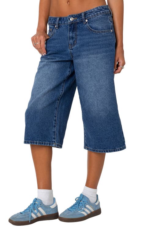 Edikted Low Rise Extra Long Denim Bermuda Shorts In Blue