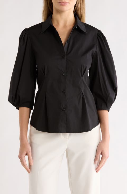 Three-Quarter Sleeve Pleated Waist Button-Up Shirt