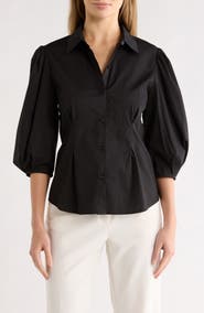 Gemma + Jane Three-Quarter Sleeve Pleated Waist Button-Up Shirt