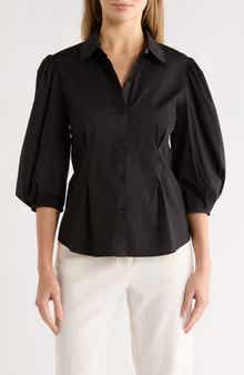 Gemma + Jane Three-Quarter Sleeve Pleated Waist Button-Up Shirt