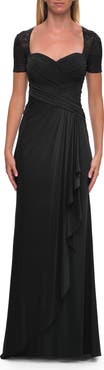 La Femme Ruched Lace Bodice Gown with Draped Skirt
