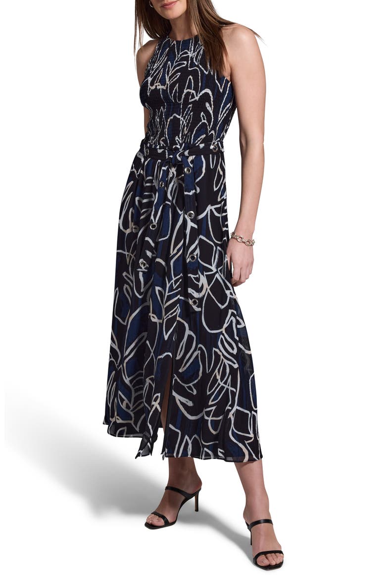 Midnight Muse Belted Georgette Midi Dress, Main, color, BLACK MULTI