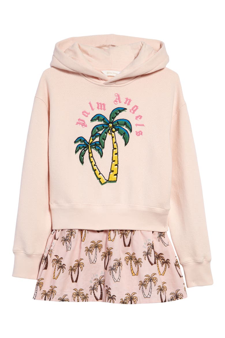 Kids' Palm Print Embroidered Cotton Graphic Hoodie Dress, Main, color, PINK GREEN