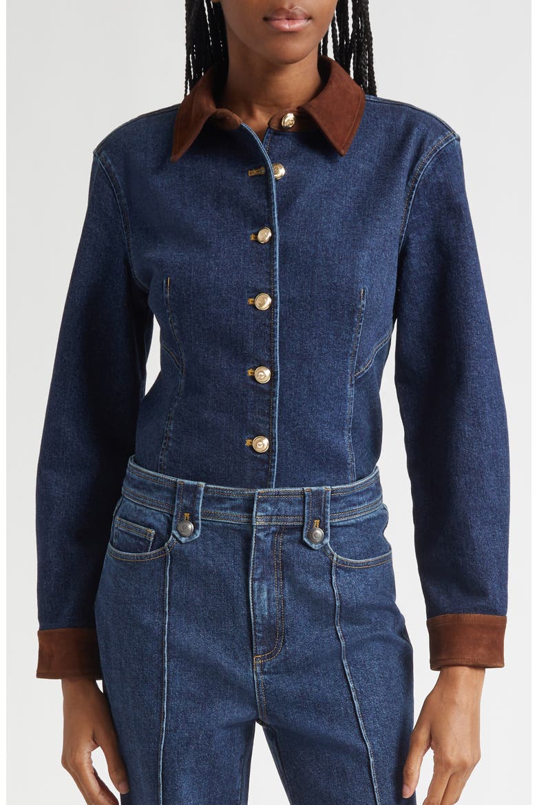 Suede Trim Denim Button-Up Shirt, Alternate, color, DARK SEPIA/ FONTAINE