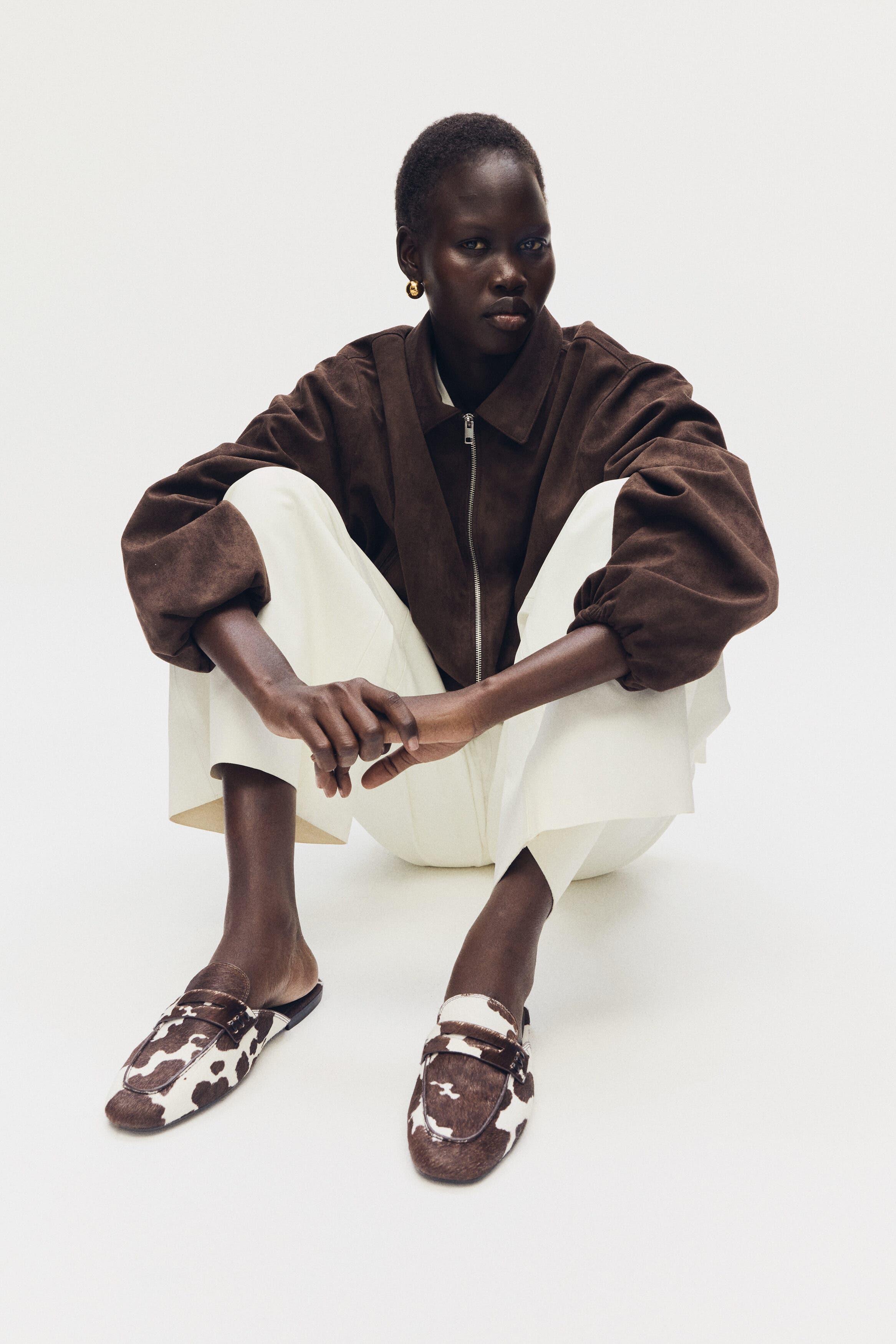 H&M Leather Loafer Mules, Alternate, color, Dark Brown/Cowhide Print