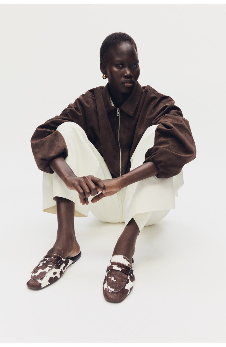 H&M Leather Loafer Mules, Alternate, color, Dark Brown/Cowhide Print