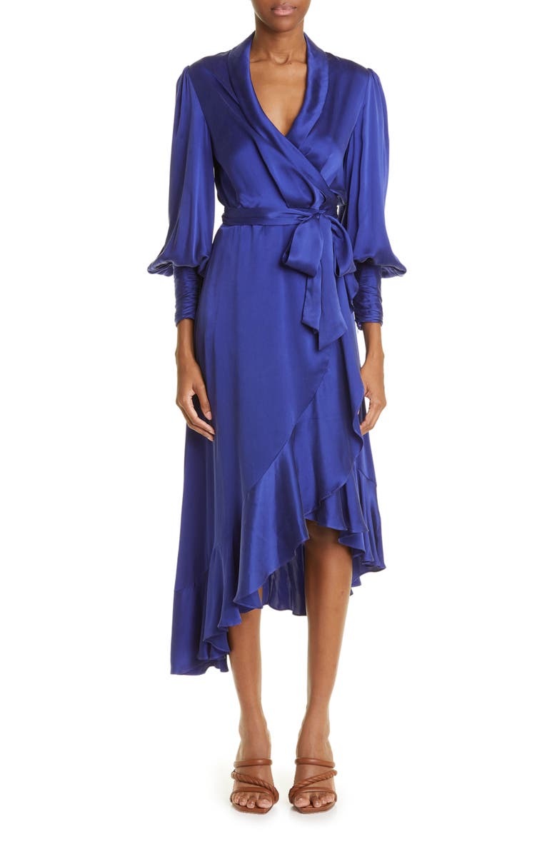 Zimmermann Long Sleeve Silk Wrap Dress, Main, color,