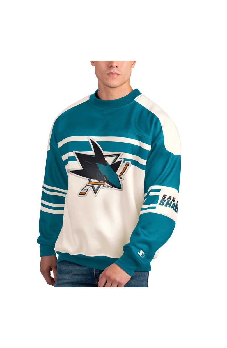 STARTER Men's Starter White San Jose Sharks Defense Fleece Crewneck Pullover Sweatshirt, Main, color, 