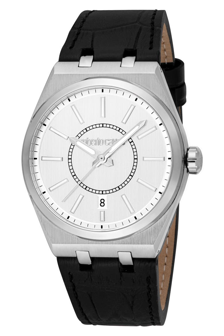 Spirito Leather Strap Watch, 40mm, Main, color, BLACK