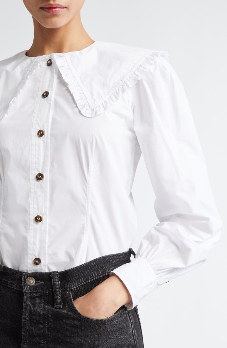 Ganni Ruffle Collar Button-Up Shirt, Alternate, color, Bright White