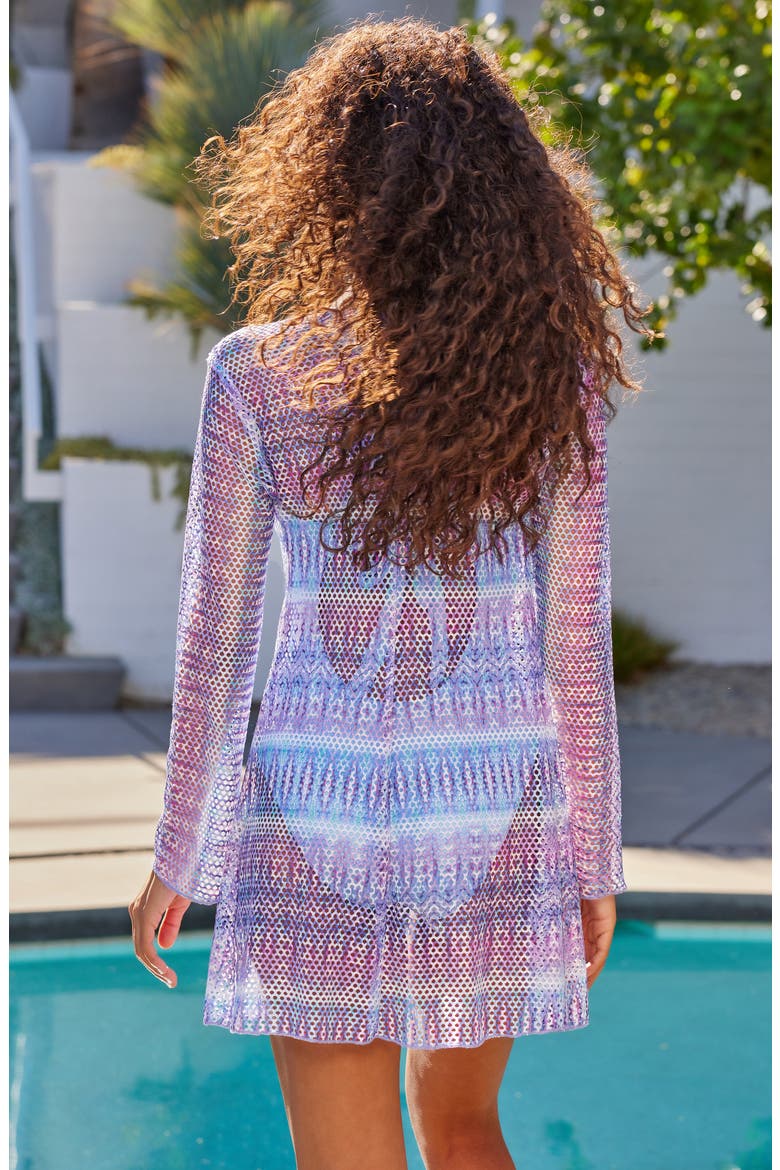 Tie Front Long Sleeve Sheer Mesh Cover-Up, Alternate, color, TULUM