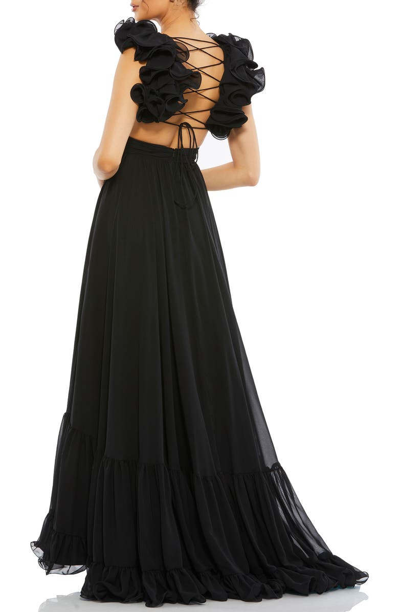 Mac Duggal Sleeveless Ruffle Tiered Cut-Out Chiffon Gown, Alternate, color, Black
