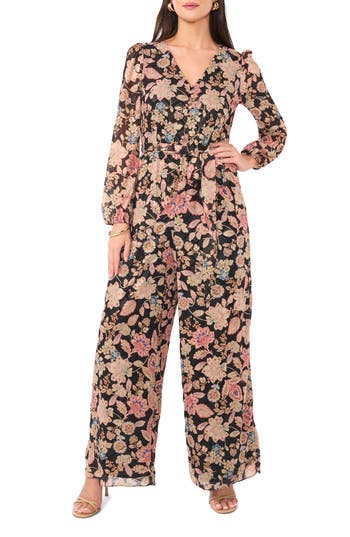Shop Vince Camuto Mixed Metallic Print Floral Long Sleeve Jumpsuit