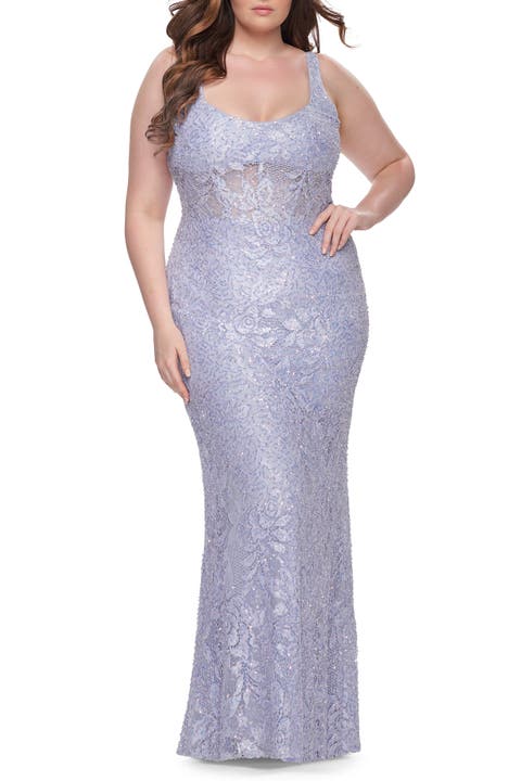 Fitted Beaded Lace Plus Size Prom Dress with Illusion Waist