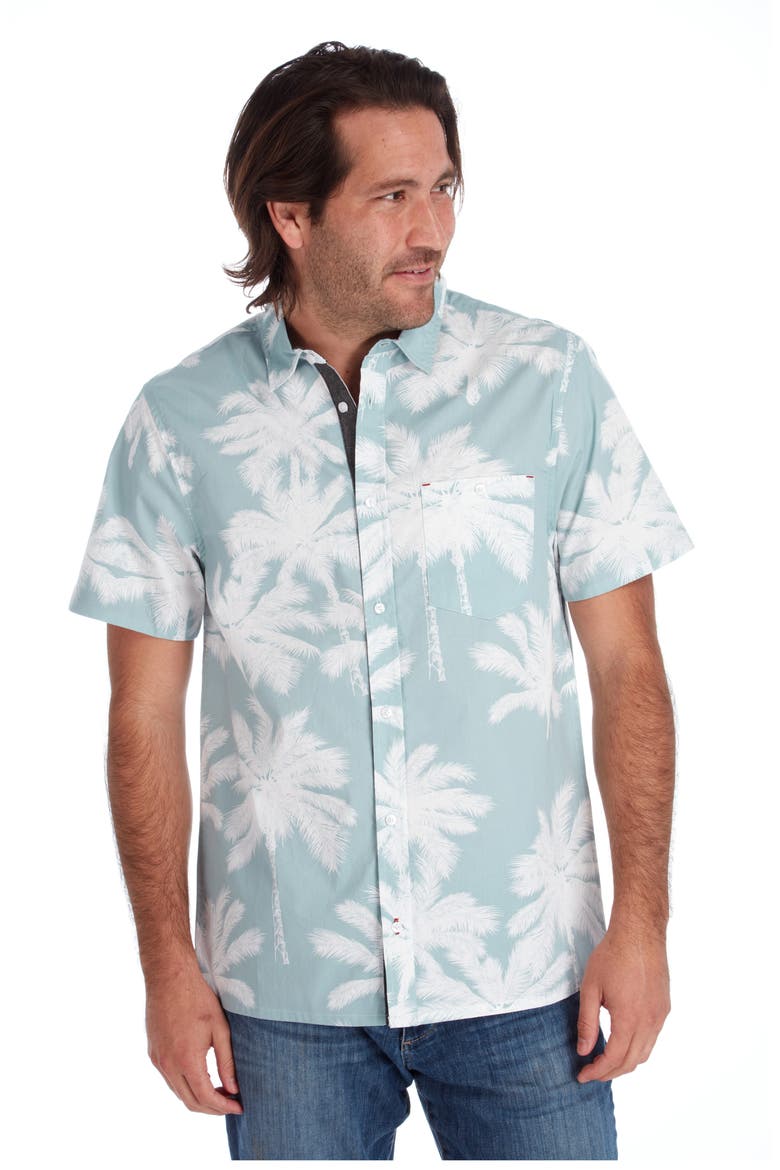 Palm Print Short Sleeve Button-Up Peached Cotton Poplin Shirt, Alternate, color, SEAFOAM