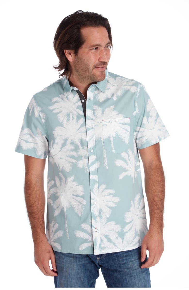 PX Palm Print Short Sleeve Button-Up Peached Cotton Poplin Shirt, Alternate, color, Seafoam