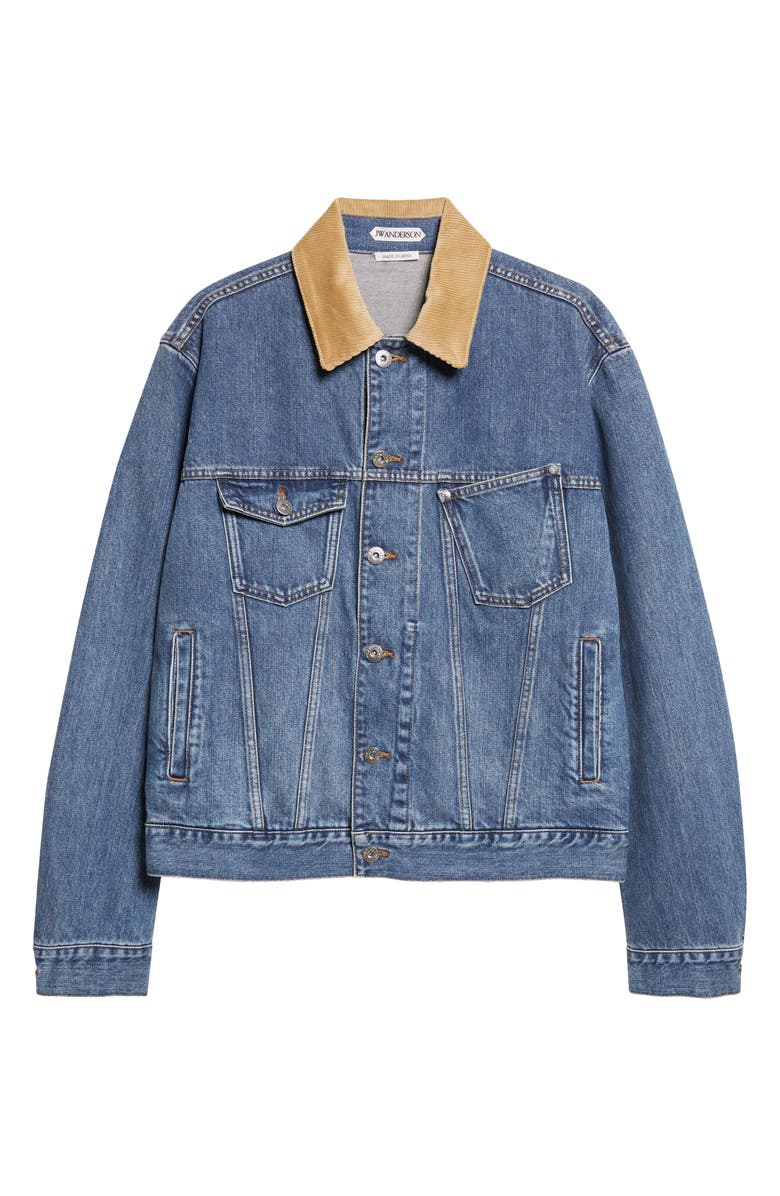 JW Anderson Corduroy Collar Denim Trucker Jacket, Main, color, Mid Blue