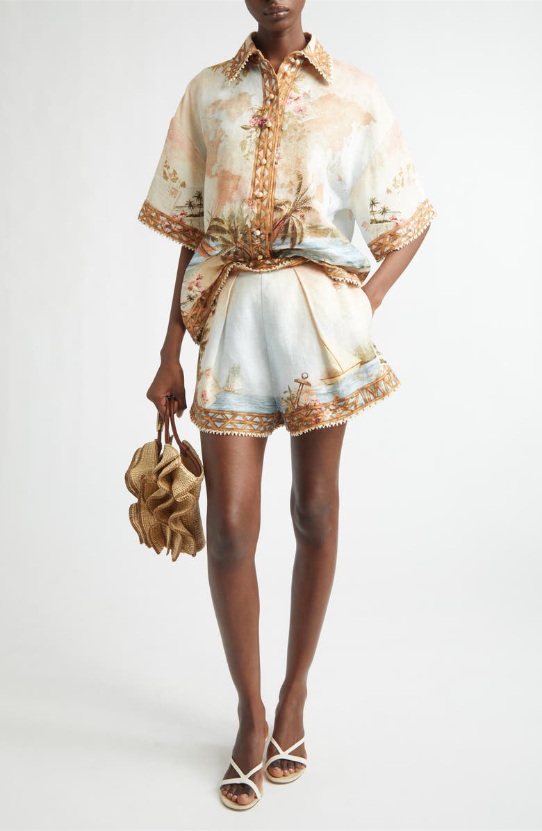 Zimmermann Mahon Postcard Print Linen Shorts, Alternate, color, Island Map Blue