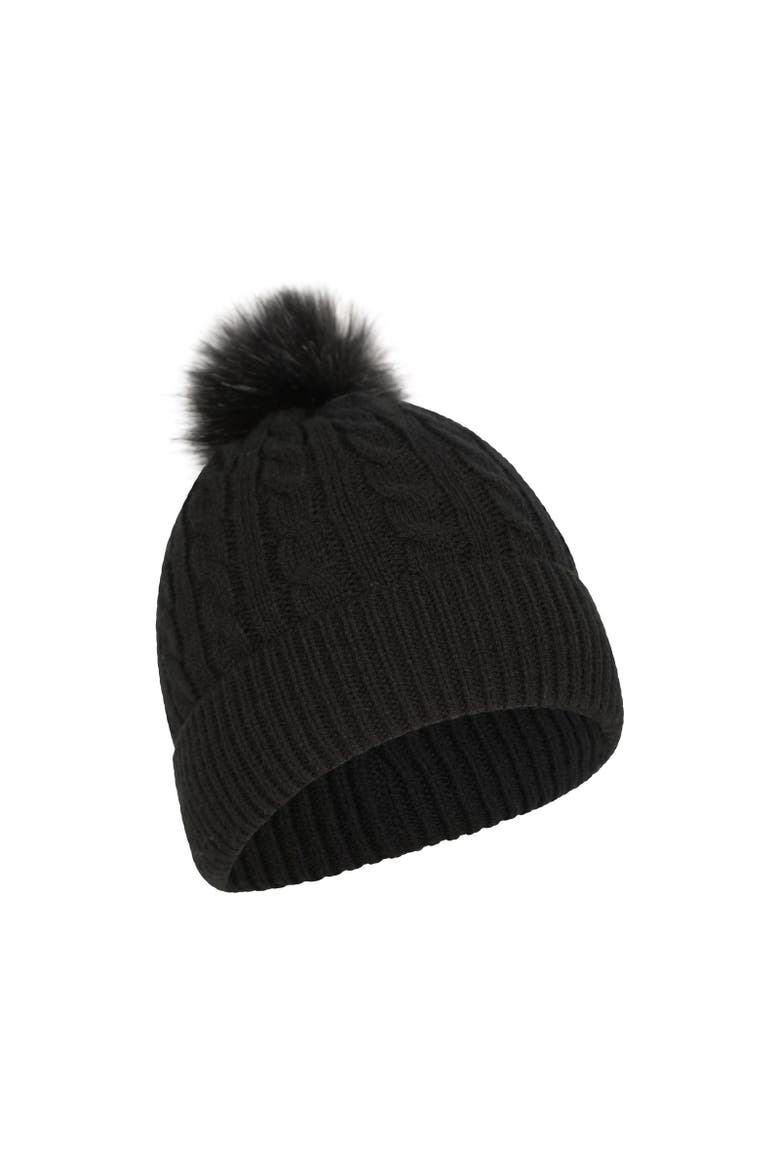 Pom Pom Faux Fur Lined Beanie, Alternate, color, Black