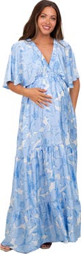 PinkBlush Floral Short Sleep Deep V-Neck Tiered Maxi Dress