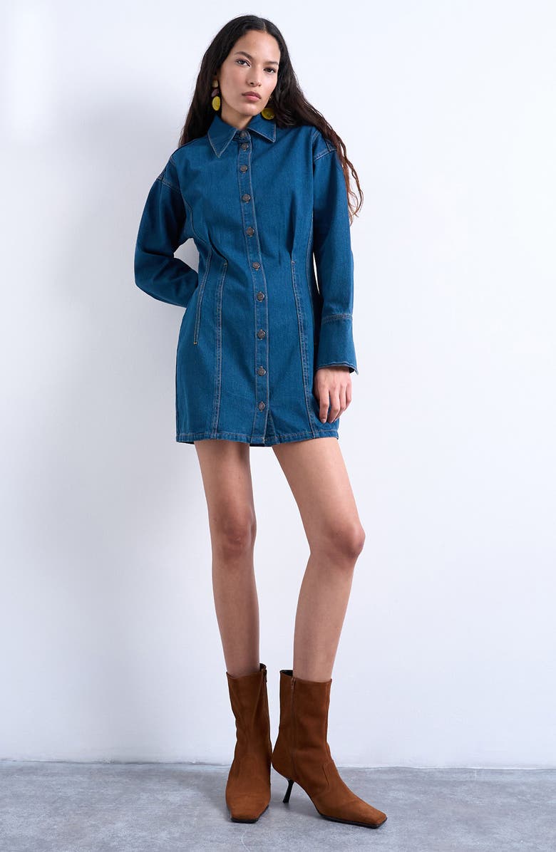 Topshop Denim Button-Up Mini Shirtdress, Main, color, Medium Blue