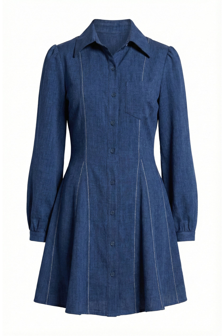 Long-Sleeve Denim Contrast-Stitching Flared-Hem Shirt Dress, Alternate, color, Blue