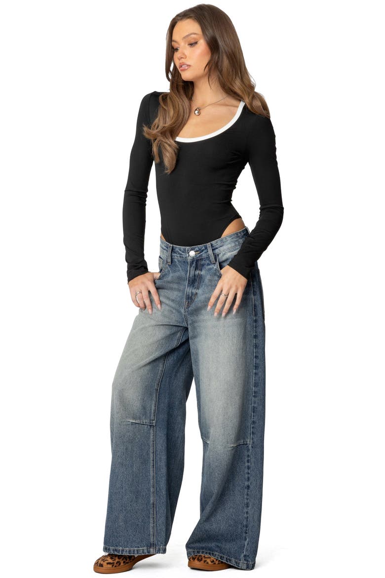 Contrast Scoop Neck Bodysuit, Alternate, color, BLACK