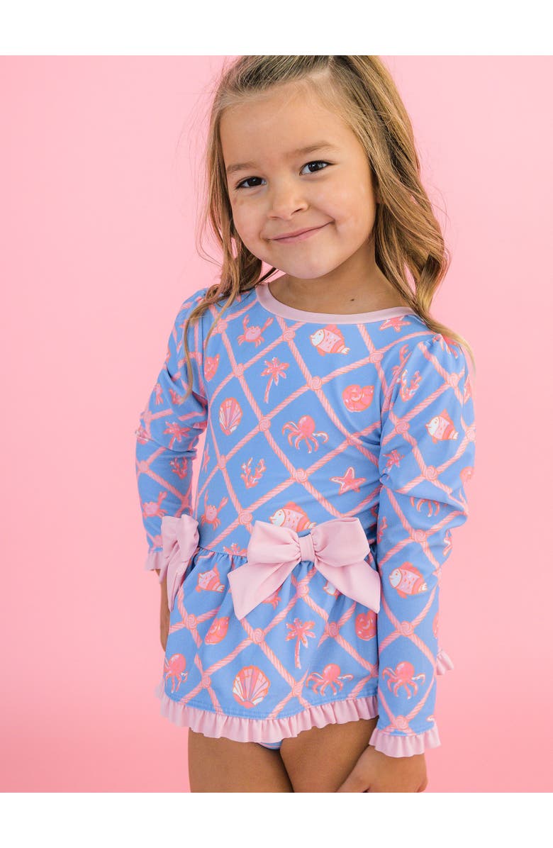 RuffleButts UPF50+ Long Sleeve One Piece Bow Peplum Rash Guard Swimsuit, Alternate, color, Tropical Trellis