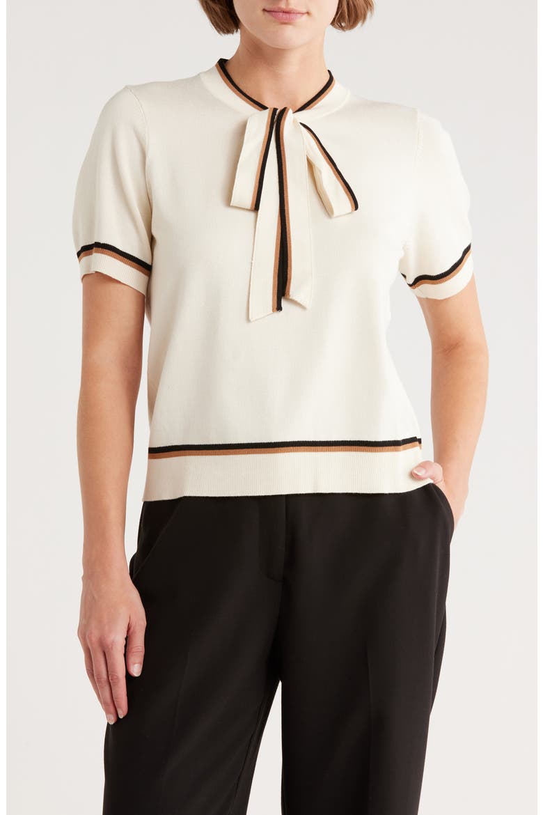 Double Tipped Tie Neck Sweater, Main, color, CREAM/ BLACK/ CAMEL