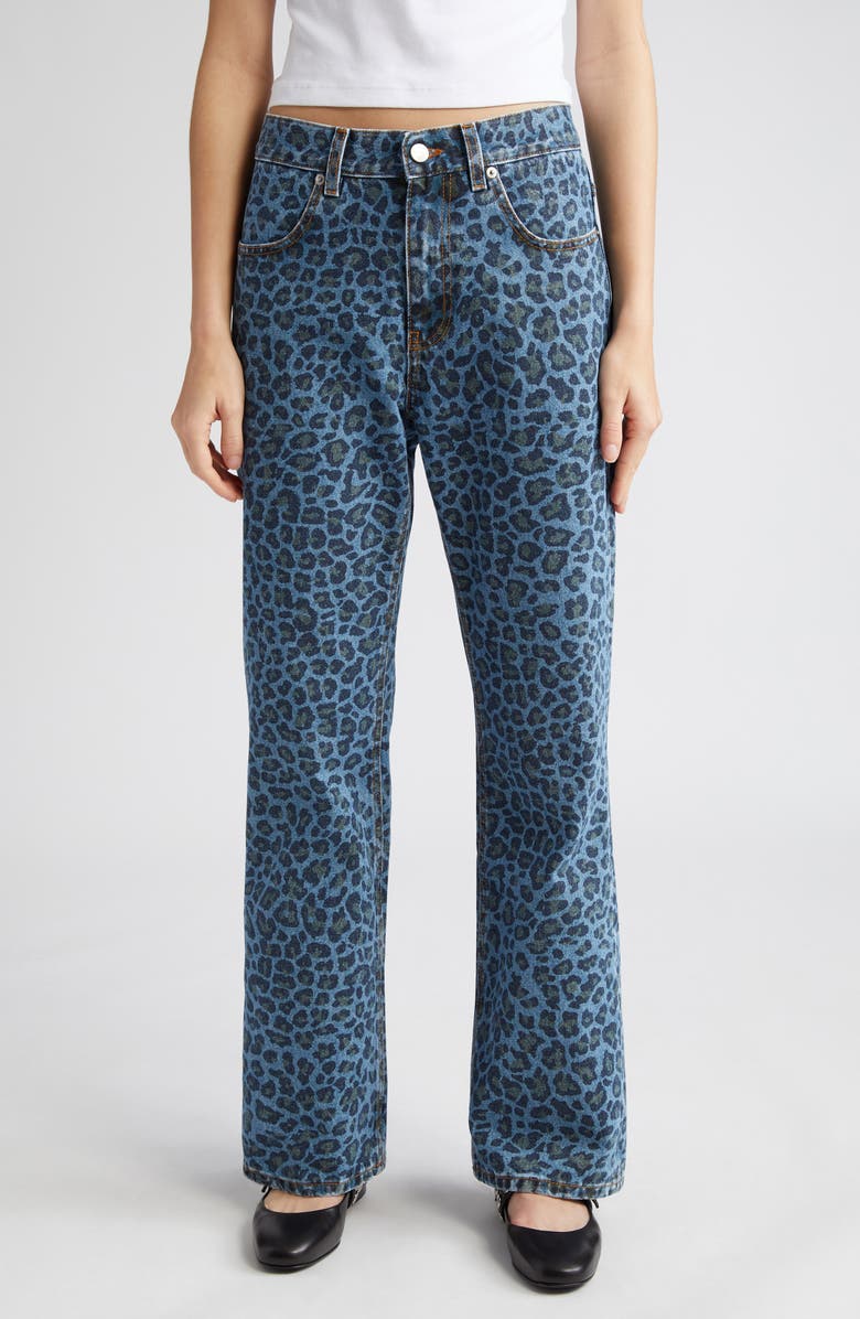 Molly Goddard Leopard Print Rigid Flare Jeans, Main, color, 