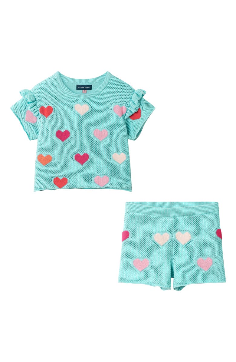 Andy & Evan Kids' Open Knit Top & Shorts Set, Main, color, Aqua Hearts
