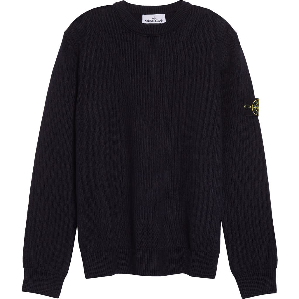 Stone Island Compass Logo Patch Cotton Blend Crewneck Sweater In Blue