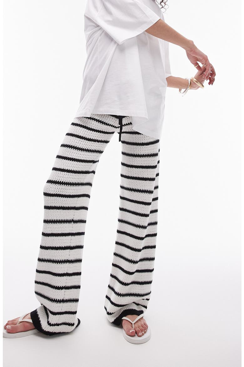 Stripe Open Stitch Knit Drawstring Pants, Main, color, WHITE MULTI