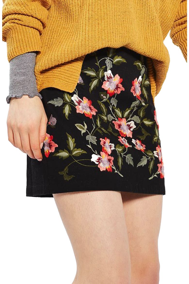 Ivy Flower Embroidered Skirt, Main, color, BLACK MULTI