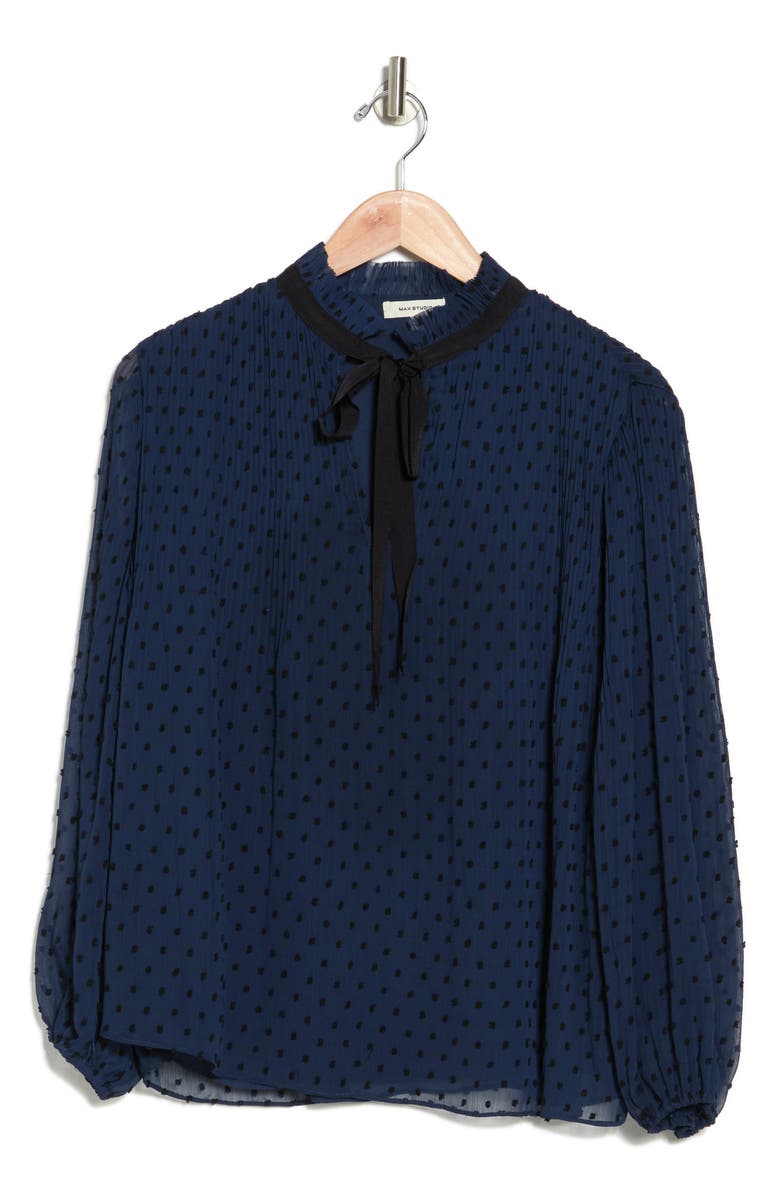 MAX STUDIO Tie Neck Long Sleeve Clip Dot Pleated Shirt, Alternate, color, 