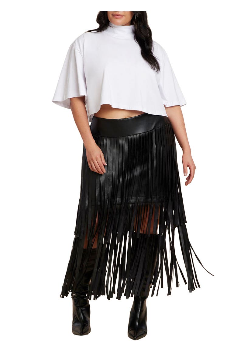 ELOQUII Faux Leather Fringe Skirt, Main, color, Black Onyx