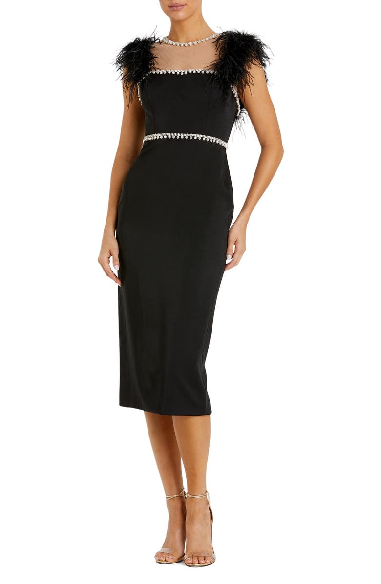 Mac Duggal Feather Cap Sleeve Pearl Embellished Midi Dress, Main, color, Black