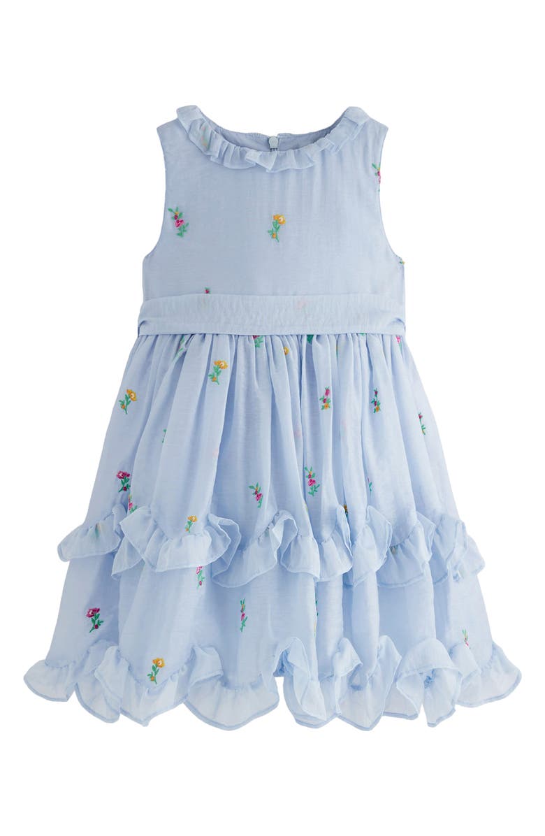 Mini Boden Kids' Embroidered Ruffle Tie Belt Party Dress, Main, color, Misty Blue